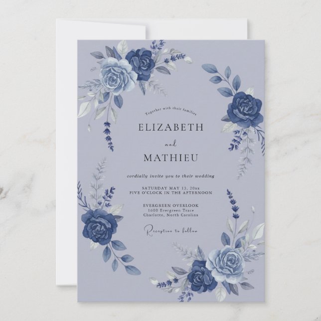 Convites Casamento Botânico em Aquarela Azul Pizarra (Frente)