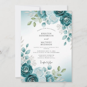 Convites Casamento Botânico em Aquarela Suave Turquesa