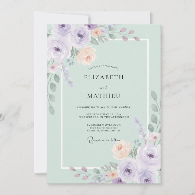 Convites Casamento Botânico em Aquarela Verde Menta (Frente)