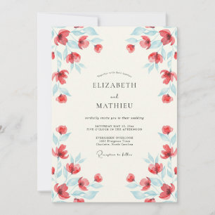 Convites Casamento Botânico em Aquarela Vermelha Vibrante