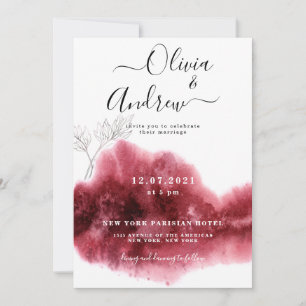 Convites Casamento Botânico em Aquarela Vermelho Borgonha P