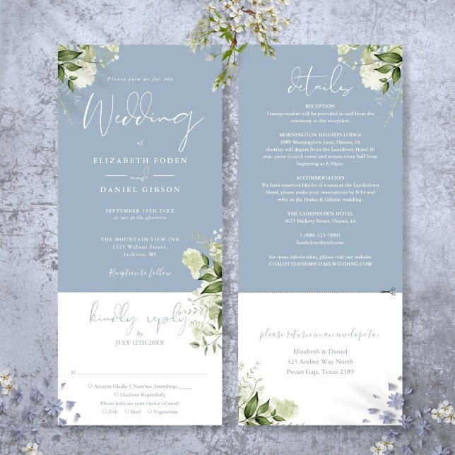 Convites Casamento Botânico em Azul Desbotado Tudo em Um (Dusty Blue Botanical Greenery All In One Wedding Invitation)
