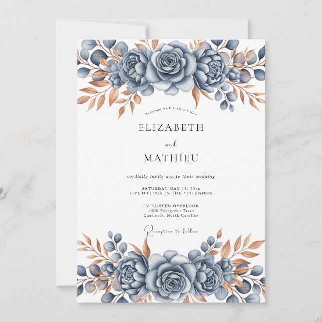 Convites Casamento Botânico em Bronze Azul Aço (Frente)