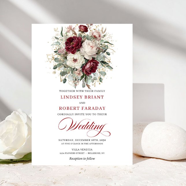 Convites Casamento Botânico em Ouro Branco e Borgonha Elega (Elegant Burgundy White Gold Botanical Wedding Invitation)