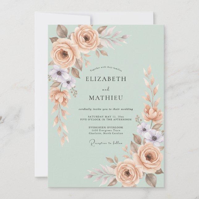 Convites Casamento Botânico em Pastel Verde Sage (Frente)