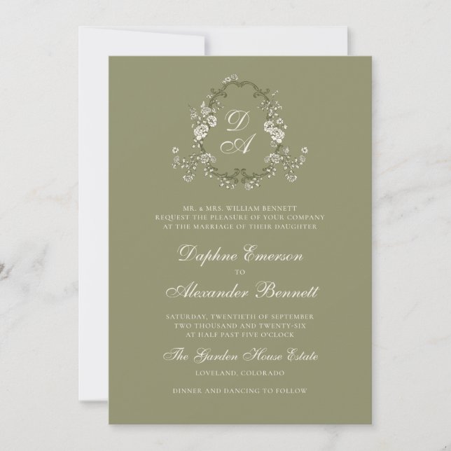 Convites Casamento Botânico em Verde Sage Monogramado (Frente)