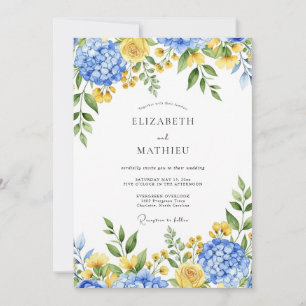 Convites Casamento Botânico Encantador Azul Amarelo