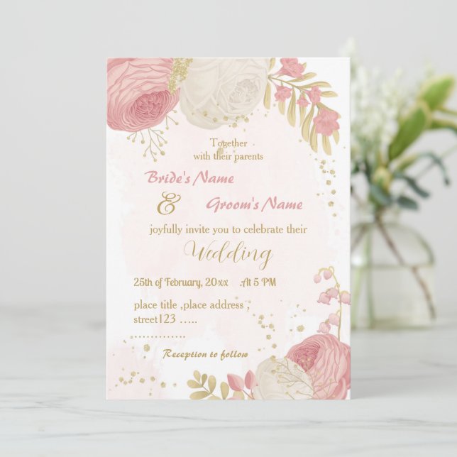 Convites casamento botânico entre flores rosa e brancas (Em pé/Frente)