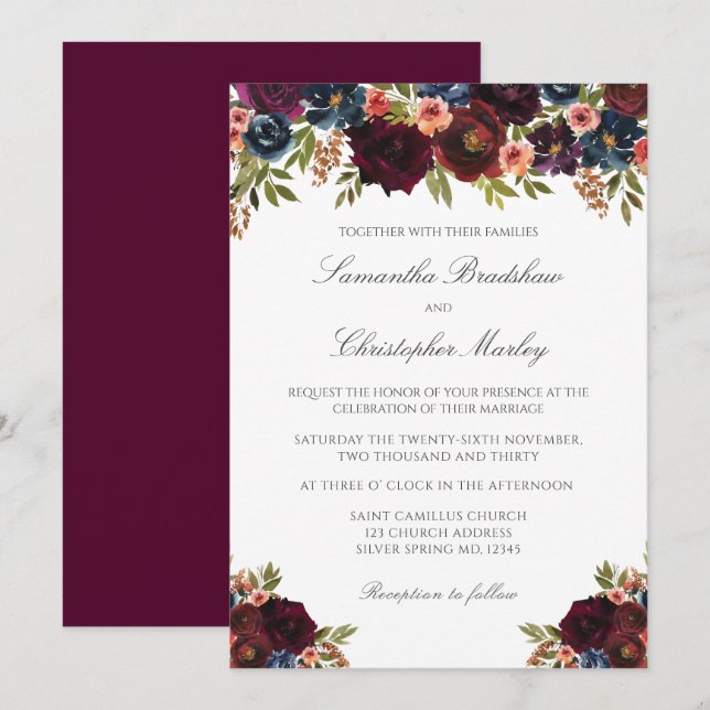 Convites Casamento Botânico Escuro Elegante (Frente/Verso)