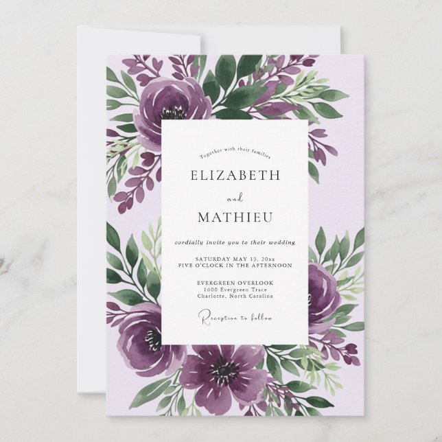 Convites Casamento Botânico Esmagadoramente Roxo (Frente)