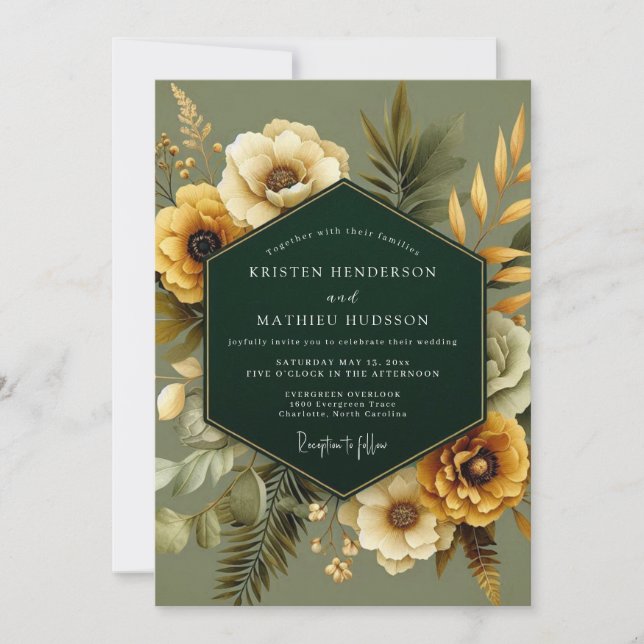 Convites Casamento Botânico Esmeralda Dourada (Frente)