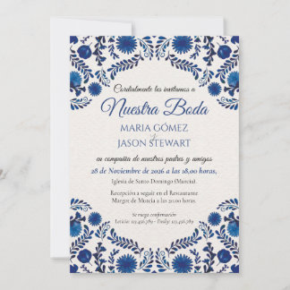 Convites Casamento Botânico Estético Floral Azul Espanhol