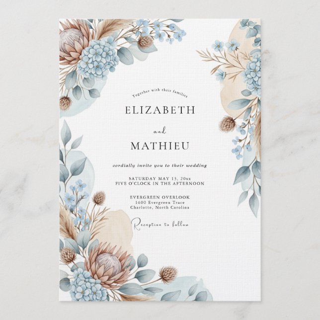Convites Casamento Botânico Etéreo Azul (Frente)