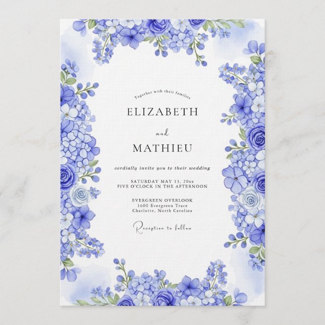 Convites Casamento Botânico Etéreo Azul (Frente)