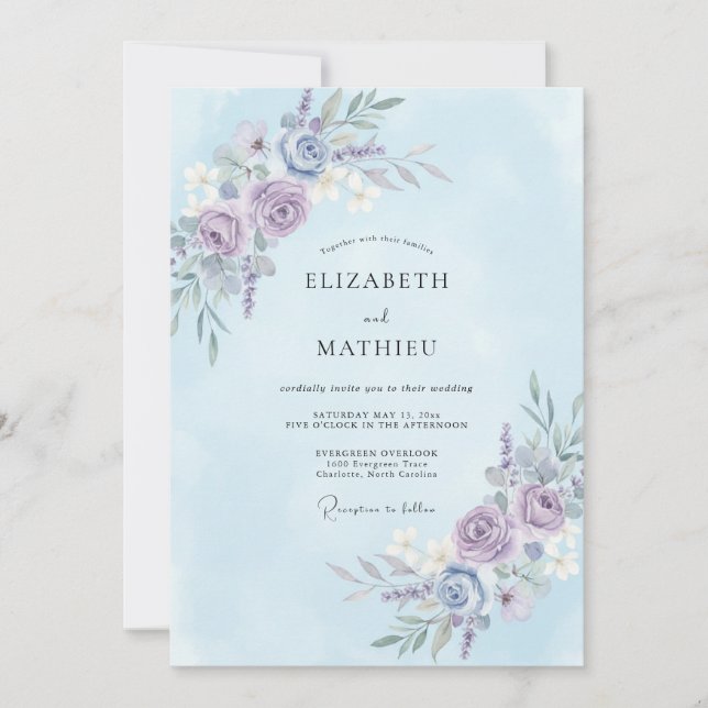 Convites Casamento Botânico Etéreo Azul Claro (Frente)