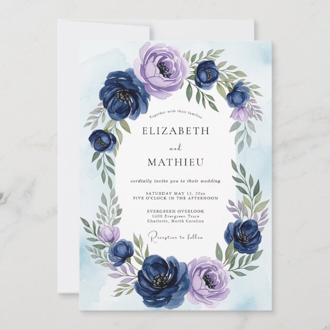 Convites Casamento Botânico Etéreo Azul Marinho (Frente)