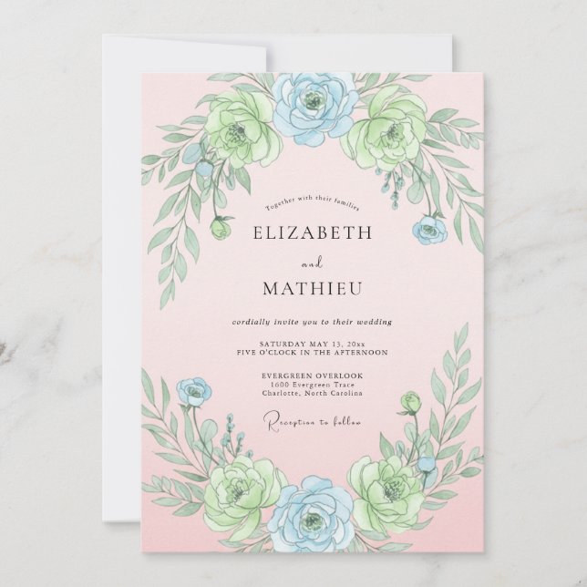 Convites Casamento Botânico Etéreo Azul Pó (Frente)