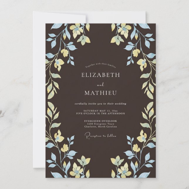 Convites Casamento Botânico Etéreo Marrom Espresso (Frente)