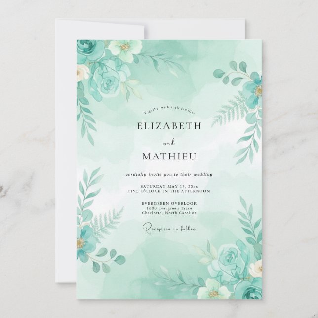 Convites Casamento Botânico Etéreo Verde Espuma do Mar (Frente)