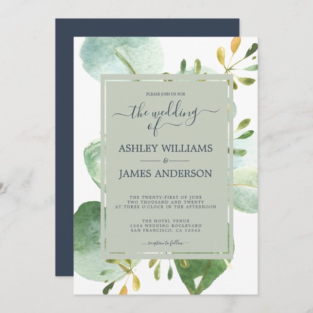 Convites Casamento Botânico Eucalipto Verde Azul Marinho Ch (Frente/Verso)