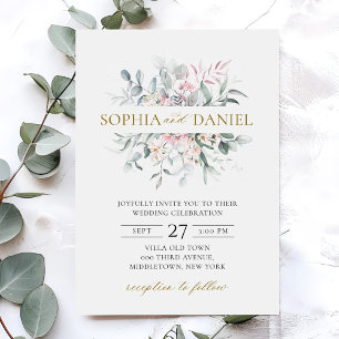 Convites Casamento Botânico Eucalyptus Floral-Blush Cor-de-