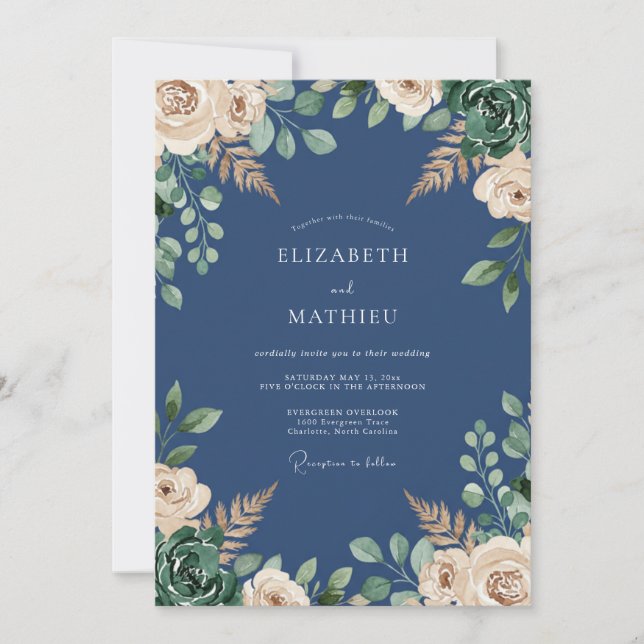 Convites Casamento Botânico Exquisito Azul-Marinho (Frente)