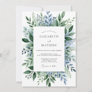 Convites Casamento Botânico Exquisito em Azul Empoeirado
