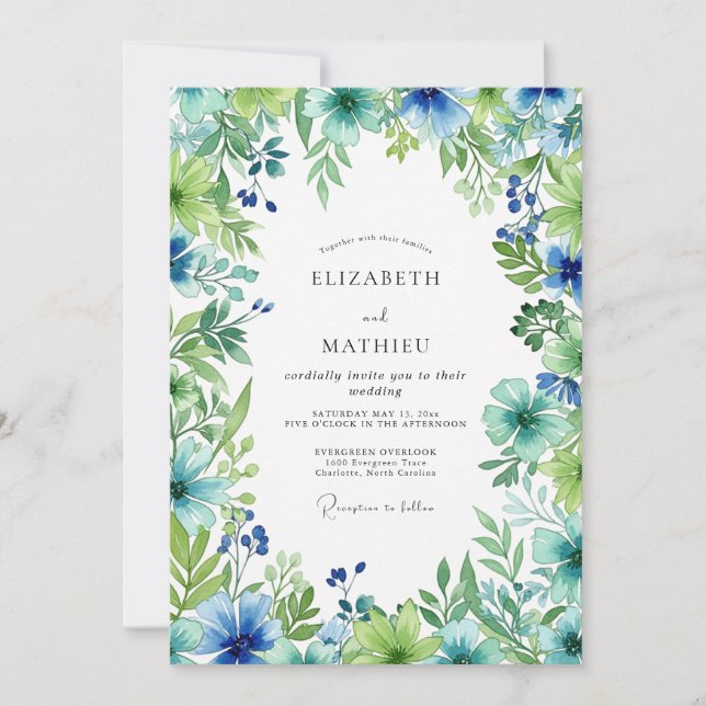 Convites Casamento Botânico Exuberante Azul Céu (Frente)