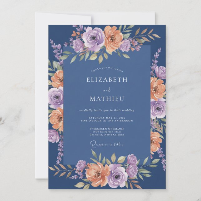 Convites Casamento Botânico Exuberante Azul Marinho (Frente)