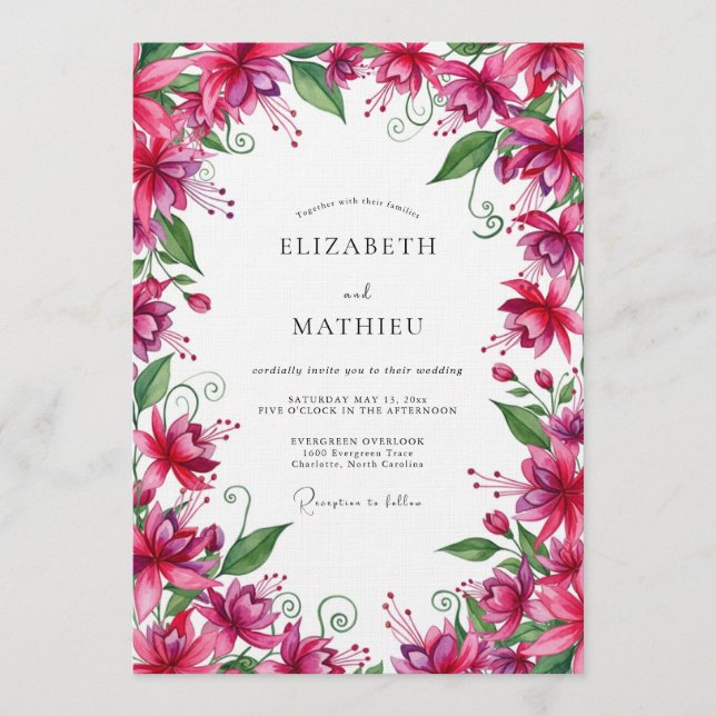 Convites Casamento Botânico Exuberante Fuchsia (Frente)