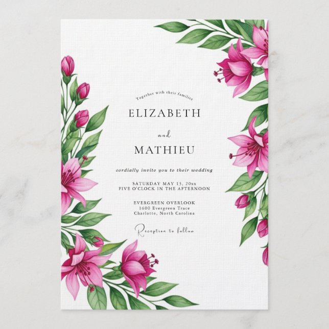 Convites Casamento Botânico Exuberante Magenta (Frente)