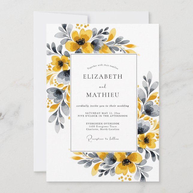 Convites Casamento Botânico Floral Amarelo Mostarda (Frente)