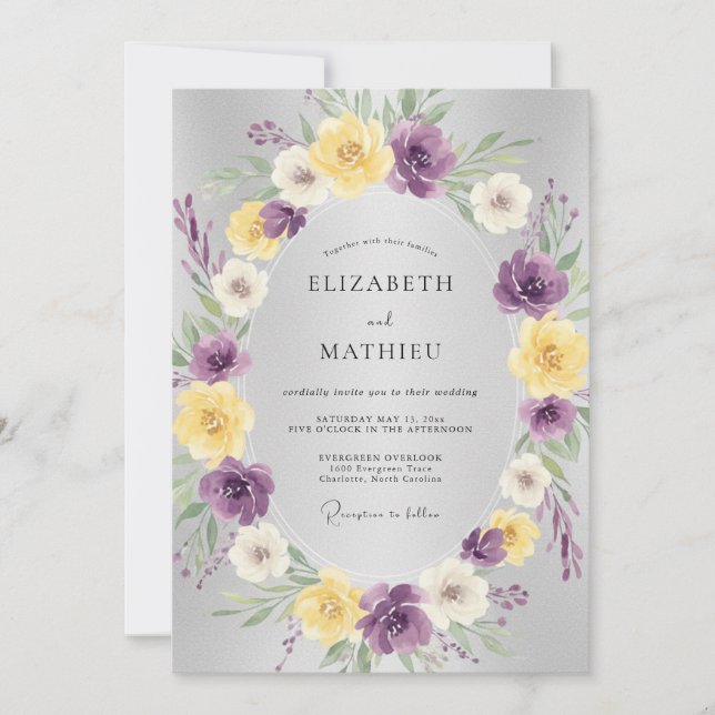 Convites Casamento Botânico Floral Amarelo Roxo (Frente)