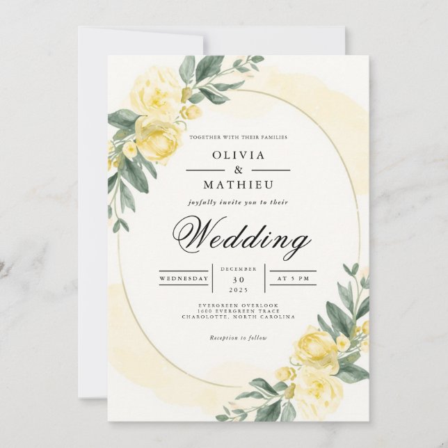 Convites Casamento Botânico Floral Amarelo Suave (Frente)