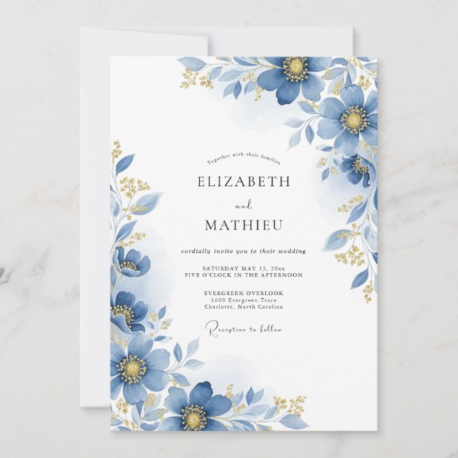 Convites Casamento Botânico Floral Azul (Frente)