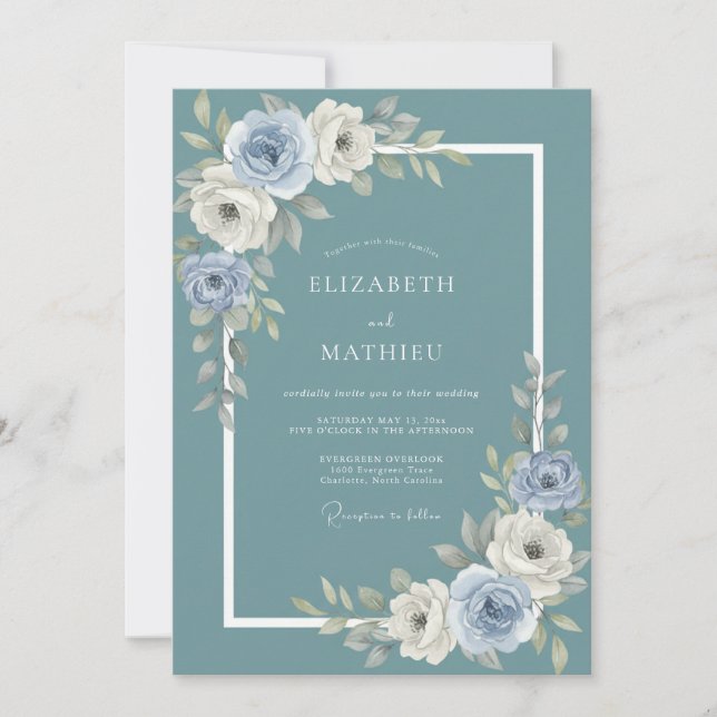Convites Casamento Botânico Floral Azul Ardósia (Frente)