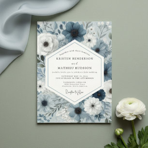 Convites Casamento Botânico Floral Azul Ardósia