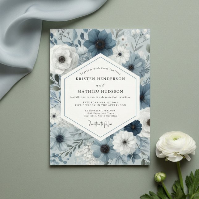 Convites Casamento Botânico Floral Azul Ardósia (Criador carregado)