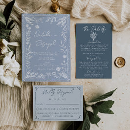 Convites Casamento Botânico Floral Azul Boho Moderno