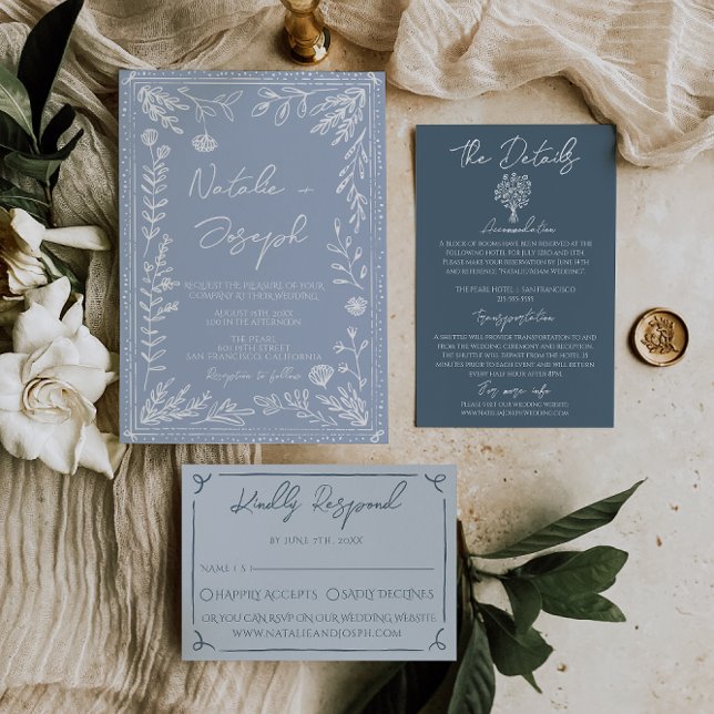 Convites Casamento Botânico Floral Azul Boho Moderno (Criador carregado)