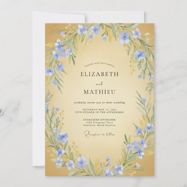 Convites Casamento Botânico Floral Azul Céu (Frente)