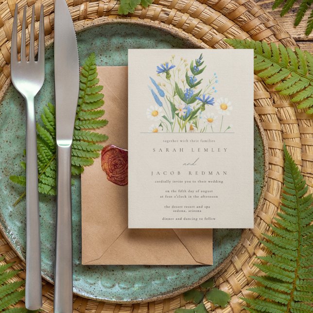 Convites Casamento Botânico Floral Azul de Margarida de Ver (Criador carregado)