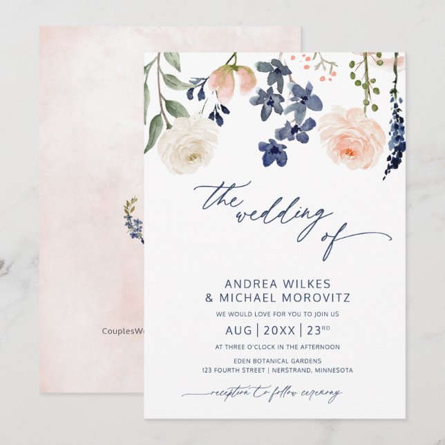 Convites Casamento Botânico Floral Azul e Pêssego (Frente/Verso)