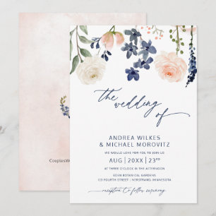 Convites Casamento Botânico Floral Azul e Pêssego