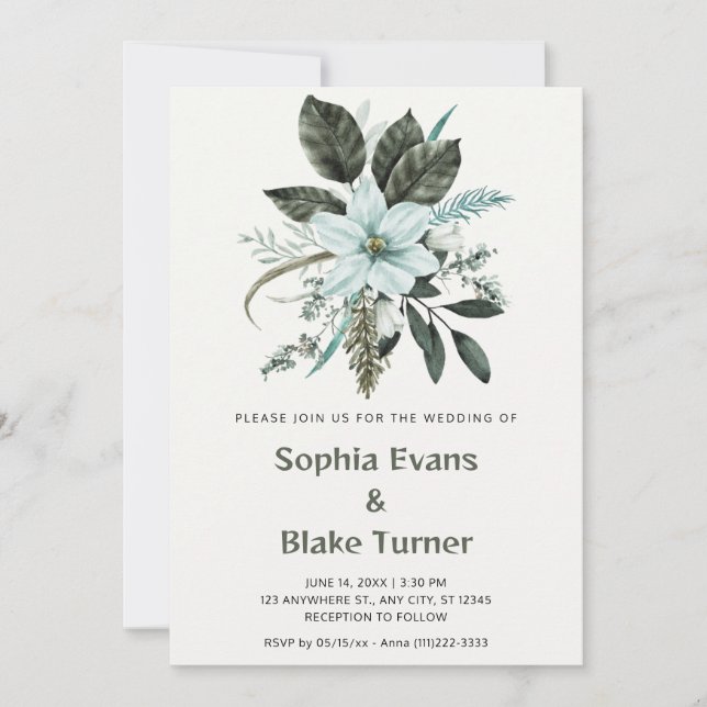 Convites Casamento Botânico Floral Azul e Verde em Branco (Frente)