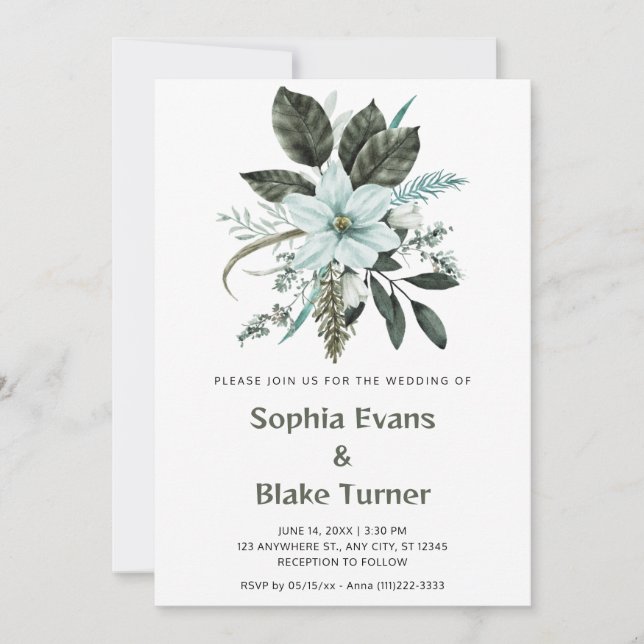 Convites Casamento Botânico Floral Azul e Verde em Branco (Frente)