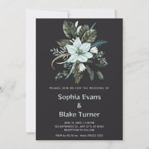 Convites Casamento Botânico Floral Azul e Verde em Carvão