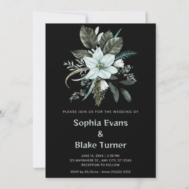 Convites Casamento Botânico Floral Azul e Verde Preto (Frente)