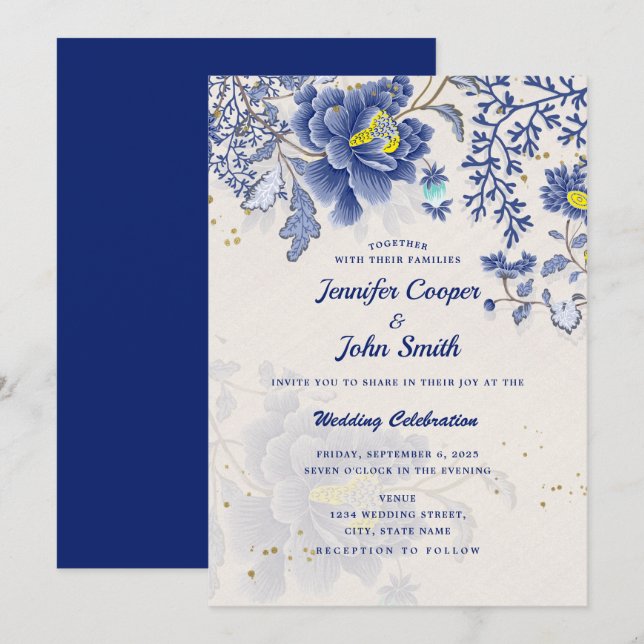 Convites Casamento Botânico Floral Azul Elegante (Frente/Verso)