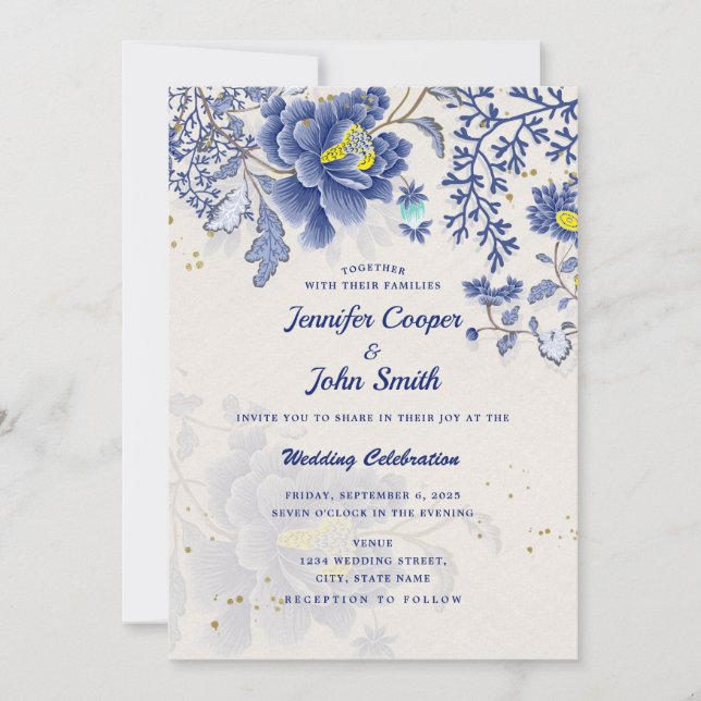 Convites Casamento Botânico Floral Azul Elegante I (Frente)